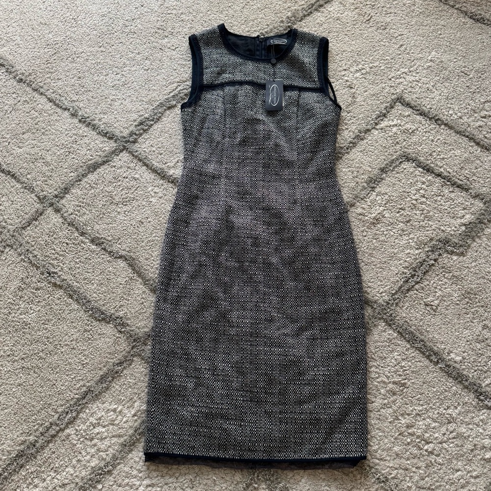 Magaschoni navy blue white tweed knee length dress sleeveless office 2 new